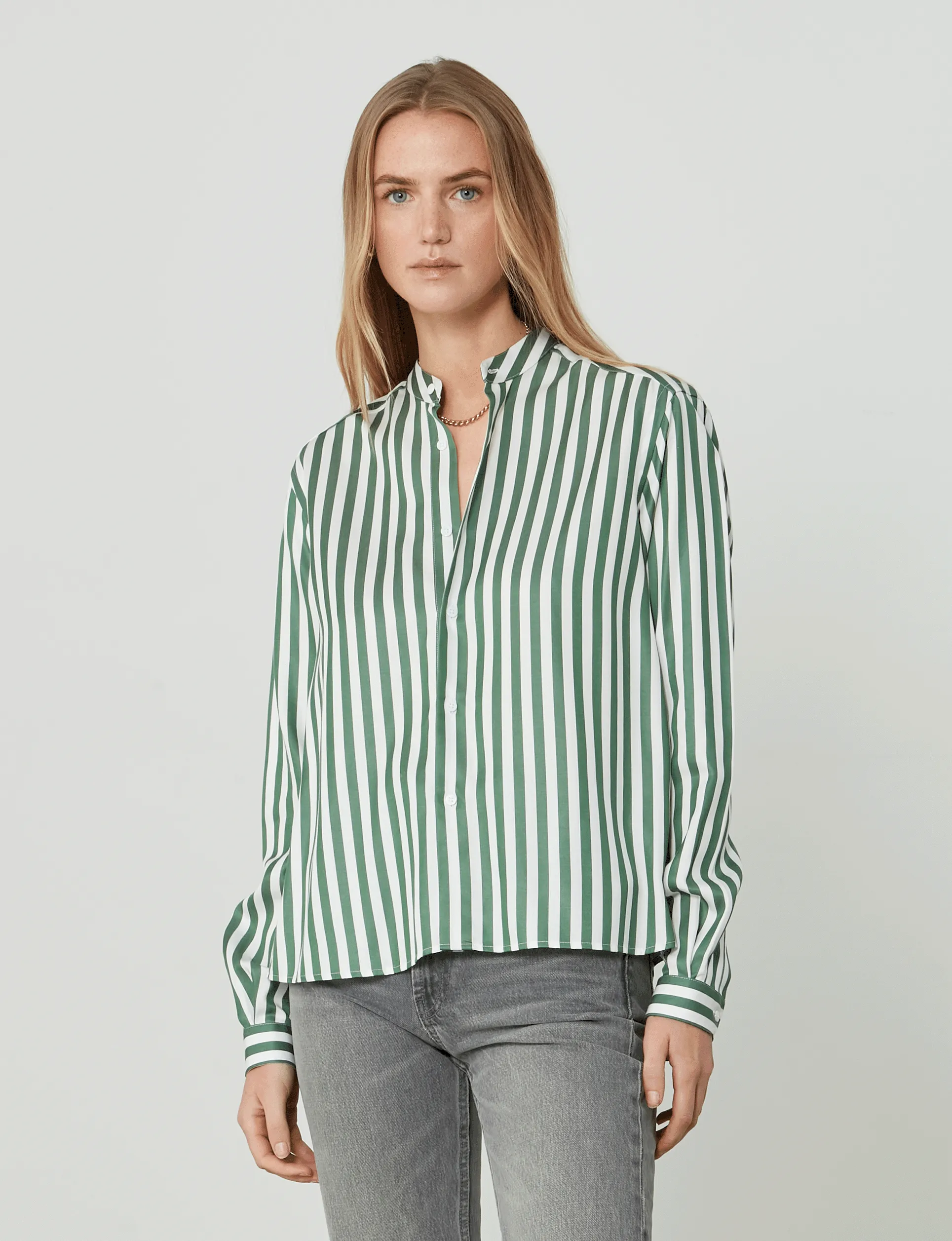 The Girlfriend Collarless: Tencel, Forest Green Stripe sold by With Nothing Underneath product image thumbnail 2