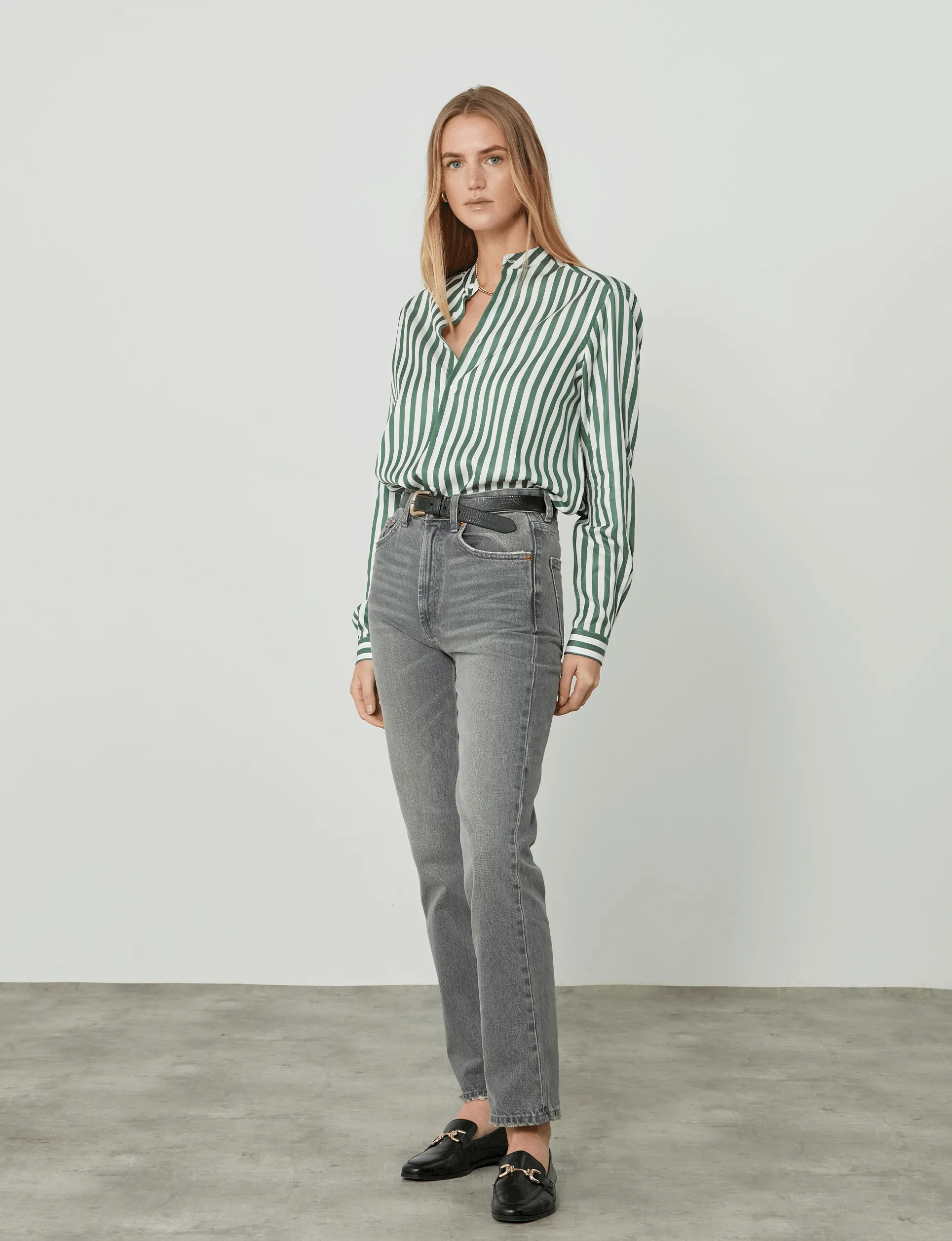 The Girlfriend Collarless: Tencel, Forest Green Stripe sold by With Nothing Underneath product image thumbnail 4
