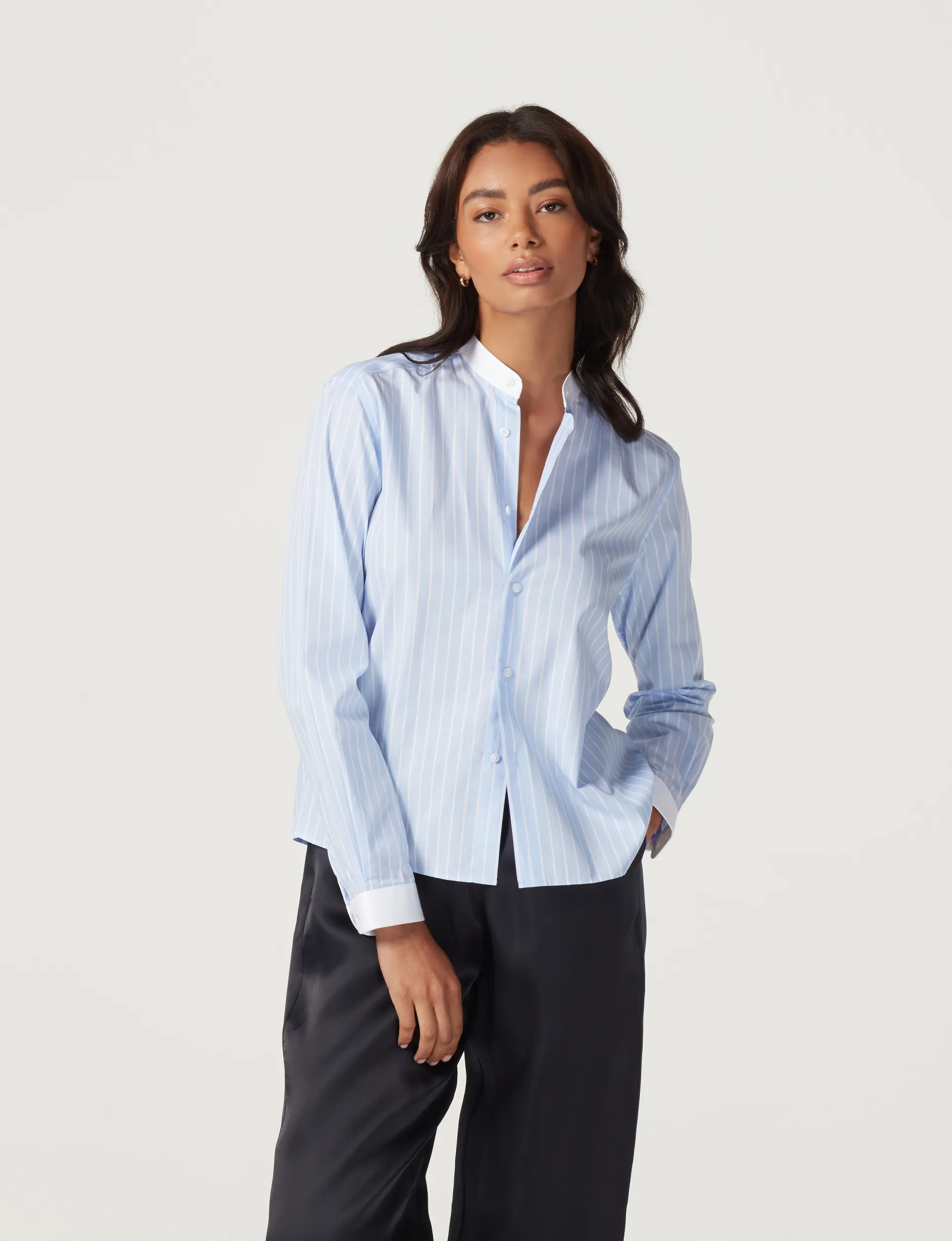 The Girlfriend Collarless Contrast: Poplin, Morning Blue Stripe sold by With Nothing Underneath