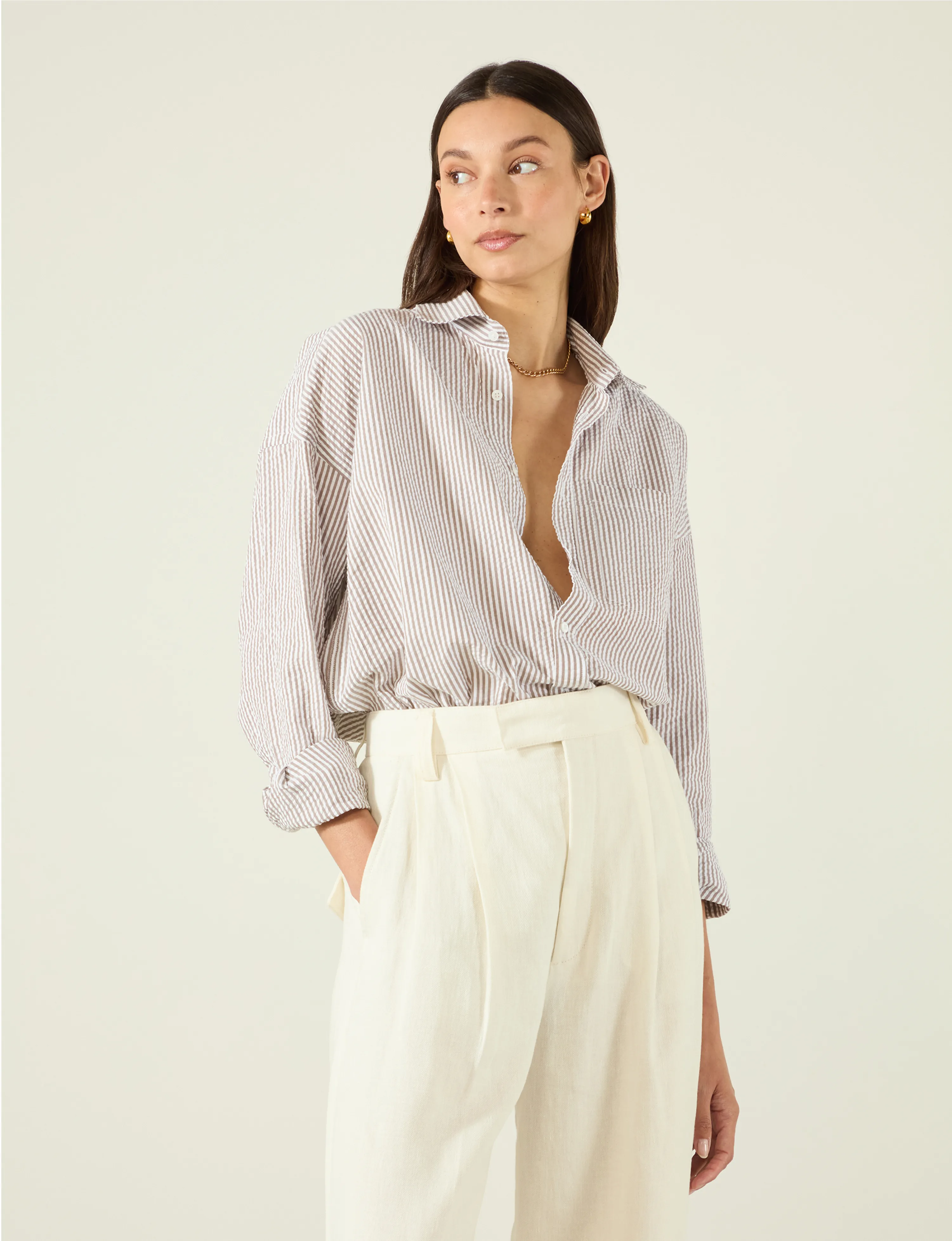 The Weekend: Seersucker, Mocha Stripe sold by With Nothing Underneath