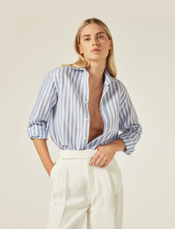The Boyfriend: Linen, Cornflower Blue Stripe sold by With Nothing Underneath