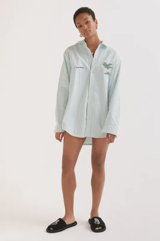 Lounge Shirt L'Ocelot Femelle Embroidery Turquoise Stripe sold by Desmond & Dempsey