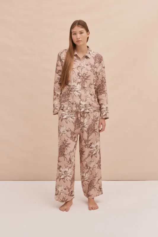 Pocket Pyjama Set Night Bloom Print Rose Latte Linen sold by Desmond & Dempsey