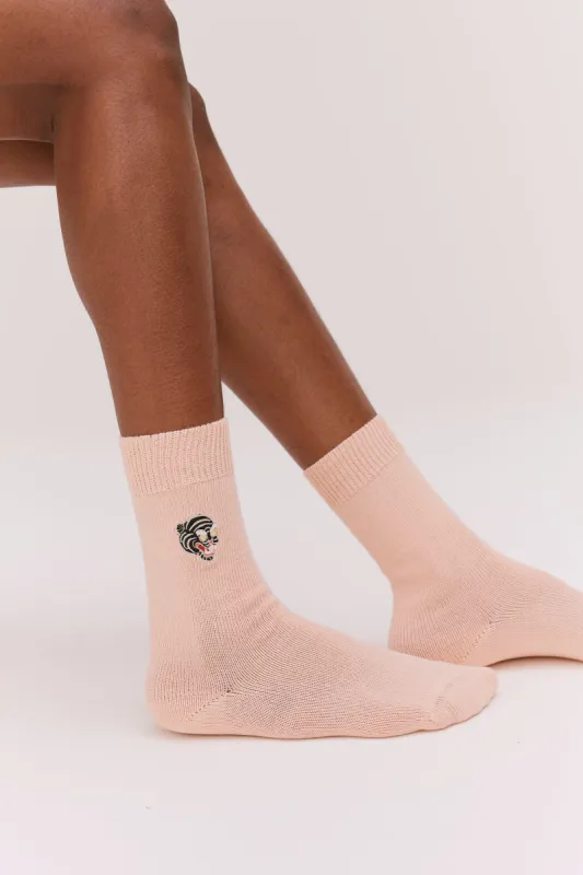 Women's Socks Tiger Embroidery Pink sold by Desmond & Dempsey