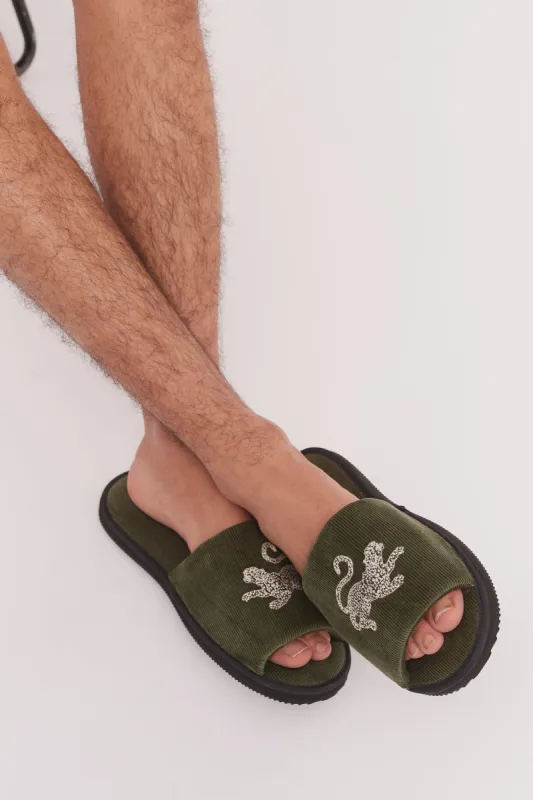 Men’s Corduroy Slides The Jag Print Green sold by Desmond & Dempsey