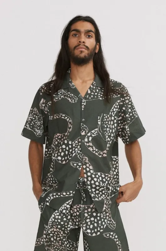 Men’s Cuban Pyjama Shirt The Jag Print Green sold by Desmond & Dempsey