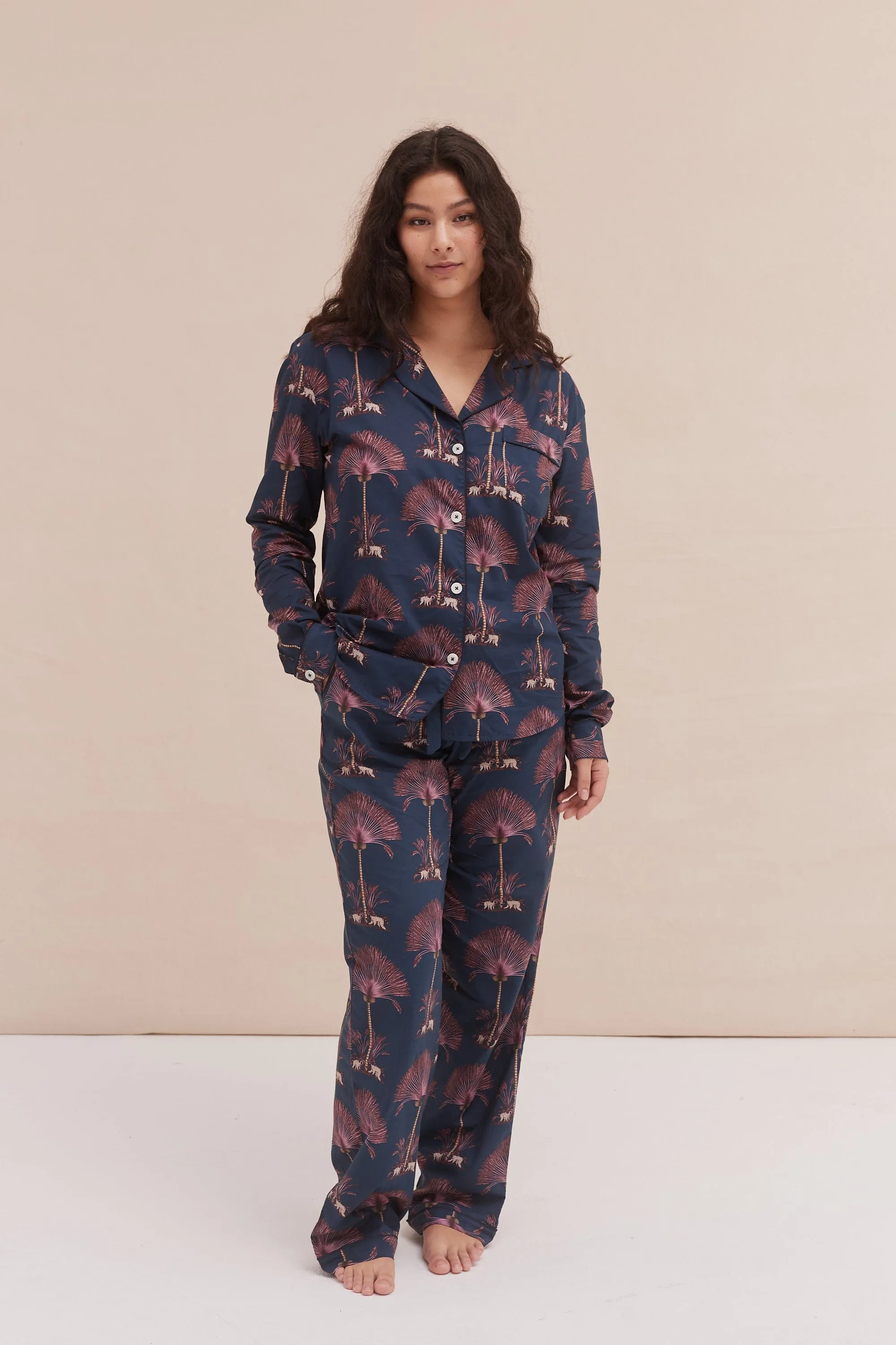 Long Pyjama Set Ravenala Print Navy sold by Desmond & Dempsey