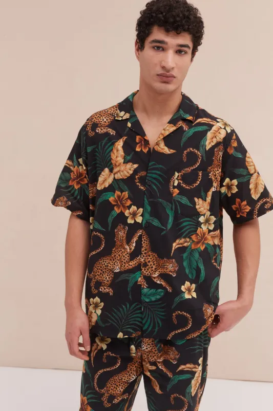 Men’s Cuban Pyjama Shirt Soleia Print Black/Yellow sold by Desmond & Dempsey