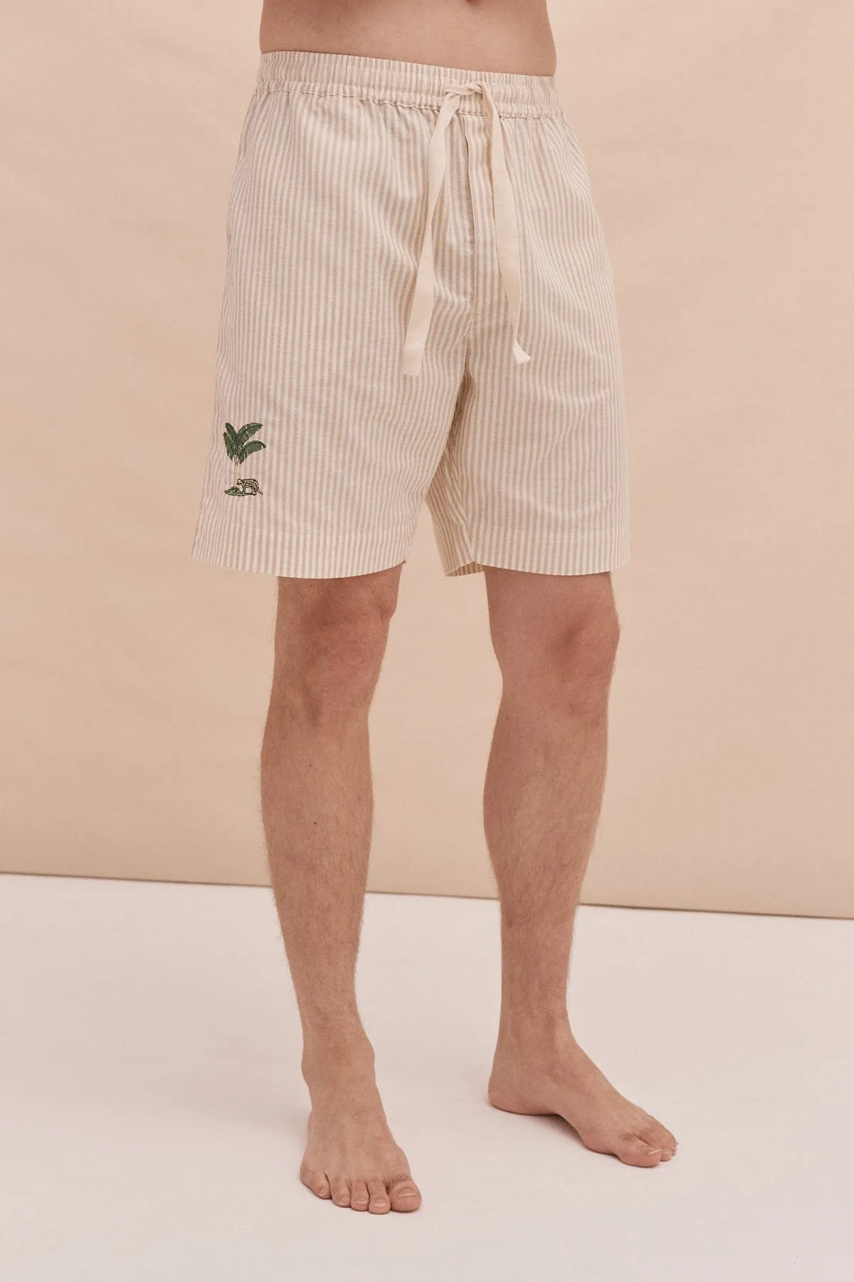 Men’s Embroidered Pyjama Shorts Oxford Stripe Ochre sold by Desmond & Dempsey product image thumbnail 2