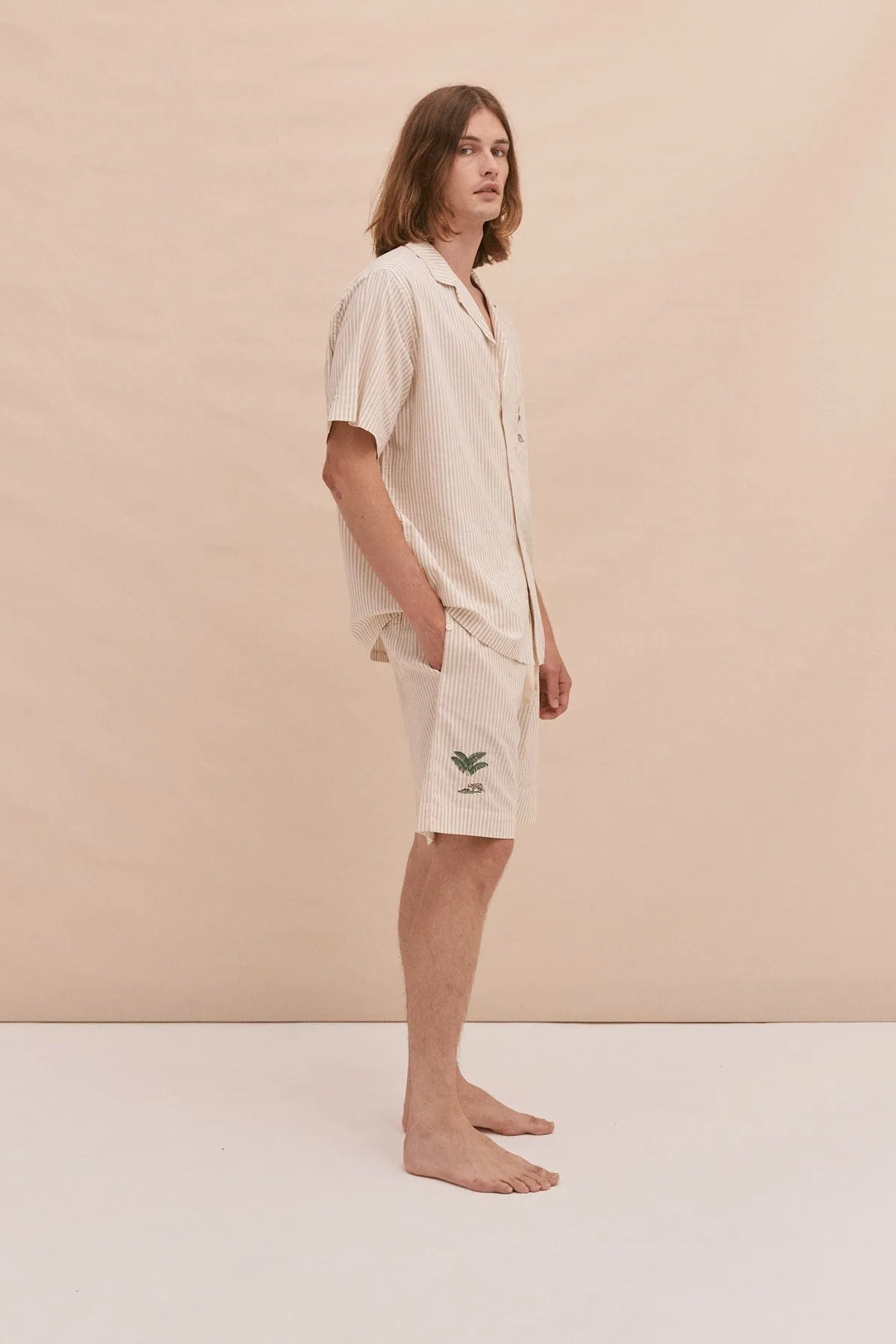 Men’s Embroidered Pyjama Shorts Oxford Stripe Ochre sold by Desmond & Dempsey product image thumbnail 4