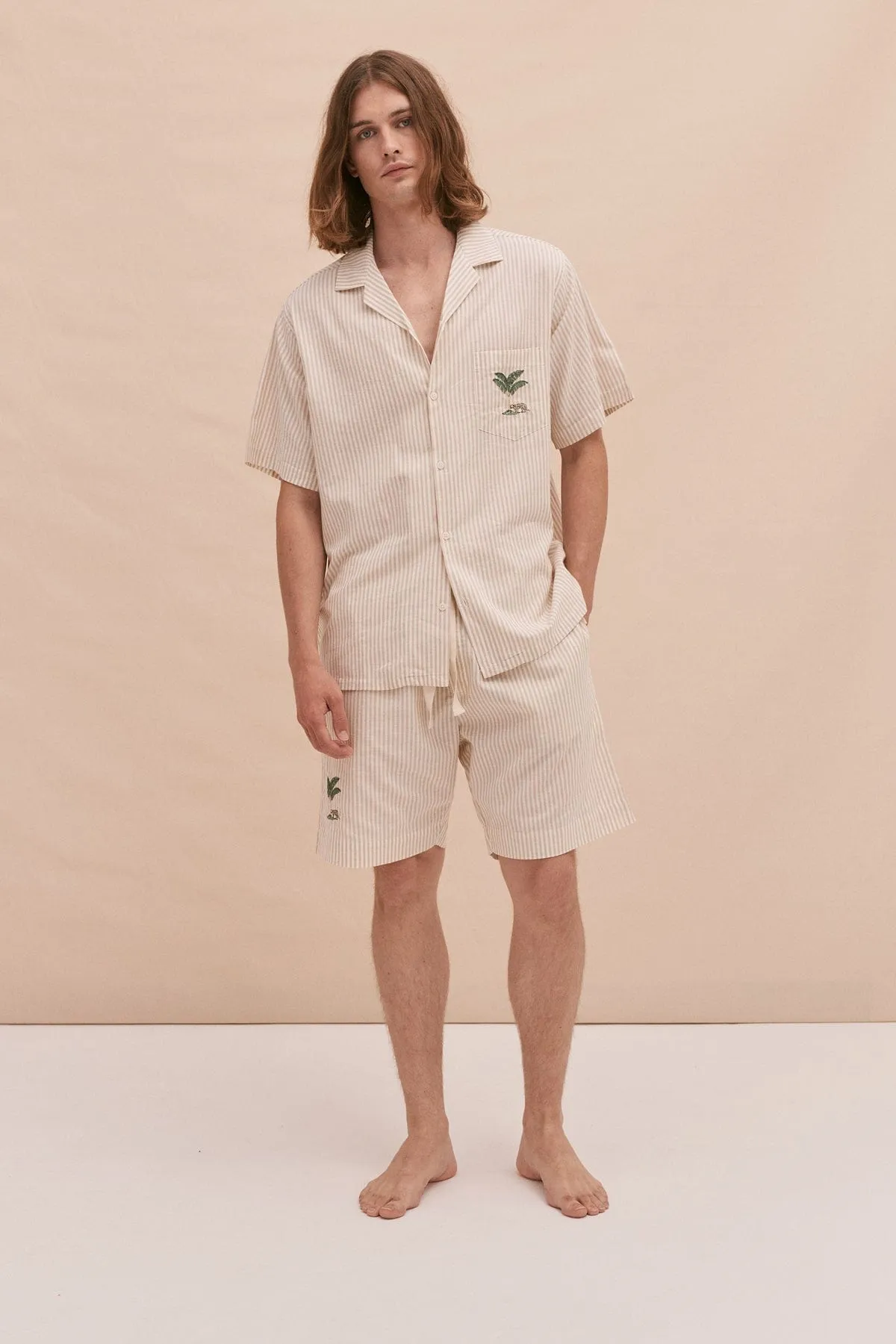 Men’s Embroidered Pyjama Shorts Oxford Stripe Ochre sold by Desmond & Dempsey