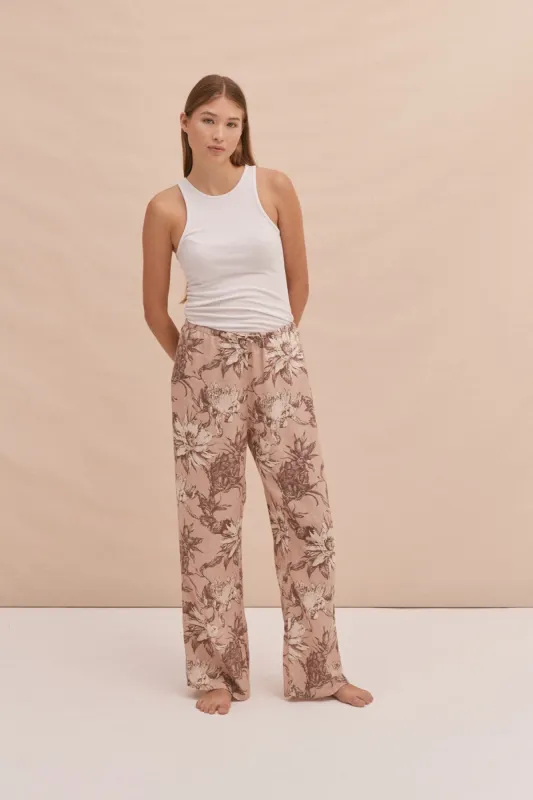 Lounge Trouser Night Bloom Print Rose Latte Linen sold by Desmond & Dempsey
