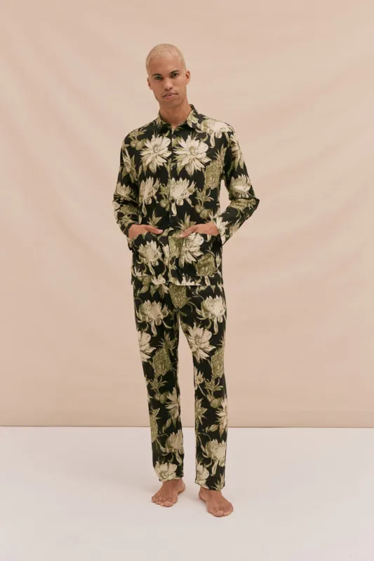 Men’s Pocket Pyjama Set Night Bloom Print Black/Green sold by Desmond & Dempsey