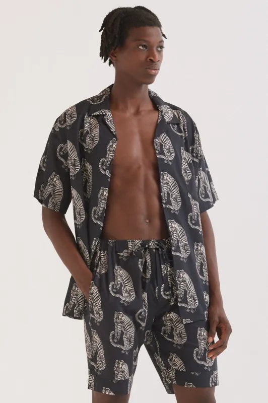 Men’s Cuban Pyjama Shirt Sansindo Tiger Print Black/Cream sold by Desmond & Dempsey