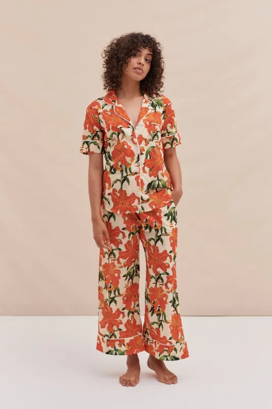 Short Sleeve and Wide Leg Trouser Set Lilium Orange Cream sold by Desmond & Dempsey