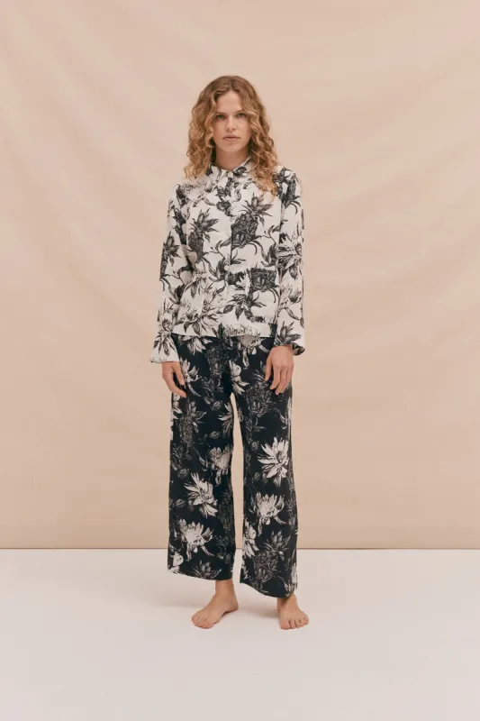 Pocket Pyjama Set Night Bloom Print White/Black Linen sold by Desmond & Dempsey