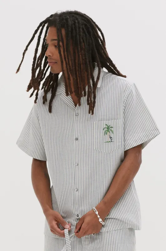 Men's Embroidered Cuban Pyjama Shirt Summer Oxford Stripe Blue sold by Desmond & Dempsey