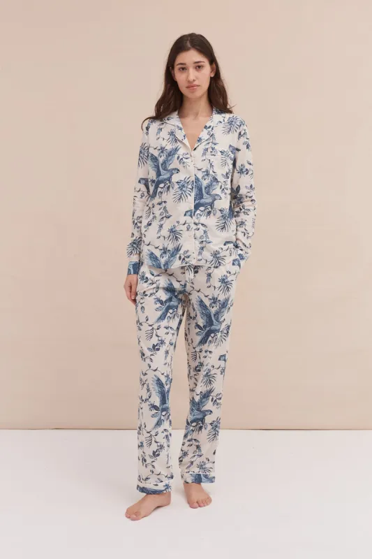 Long Pyjama Set Bromley Parrot Print Cream/Blue sold by Desmond & Dempsey