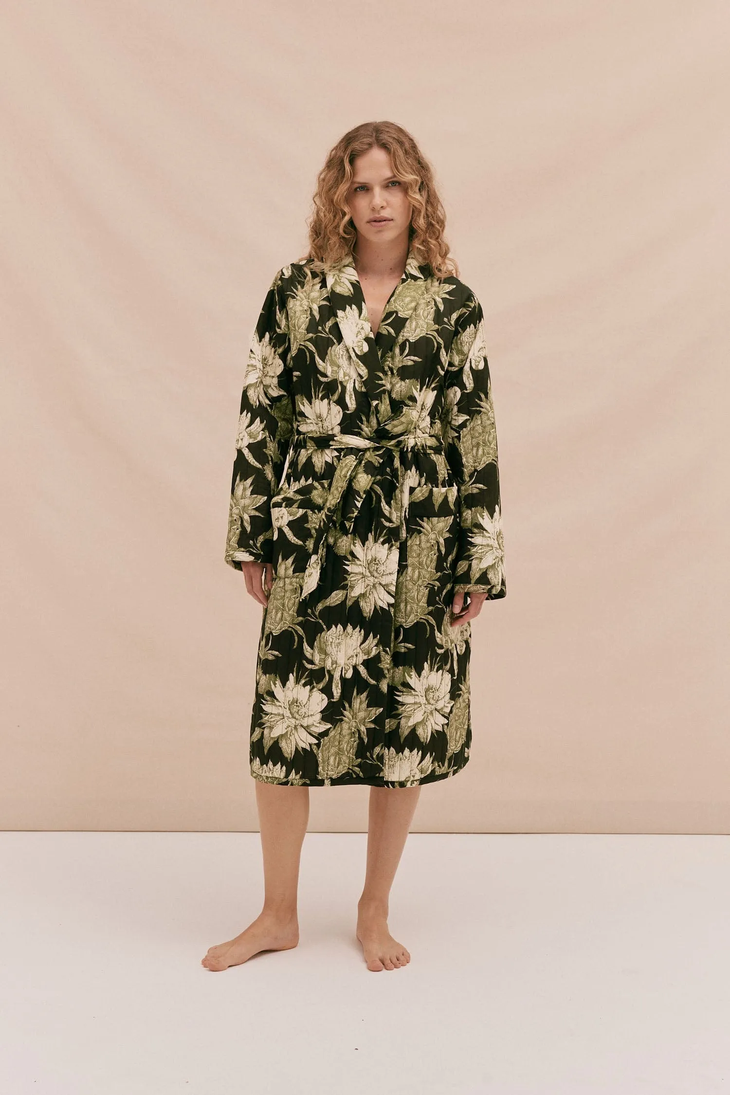 Quilted Robe Night Bloom Print Black/Green sold by Desmond & Dempsey