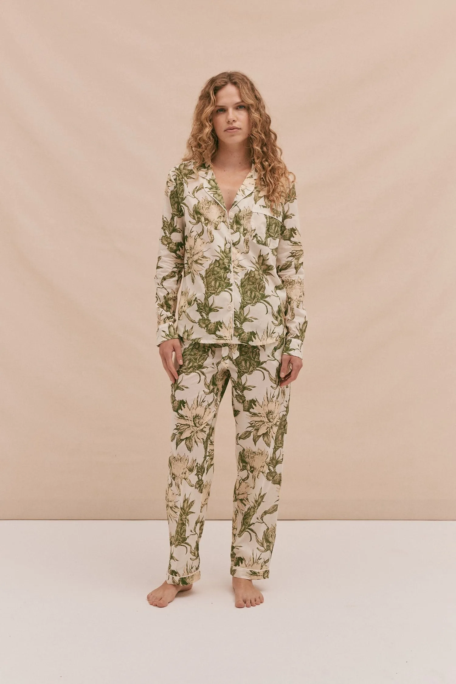Long Pyjama Set Night Bloom Print Cream/Green sold by Desmond & Dempsey