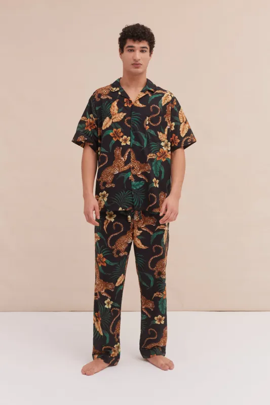 Men’s Cuban Long Pyjama Set Soleia Leopard Print Black/Yellow sold by Desmond & Dempsey