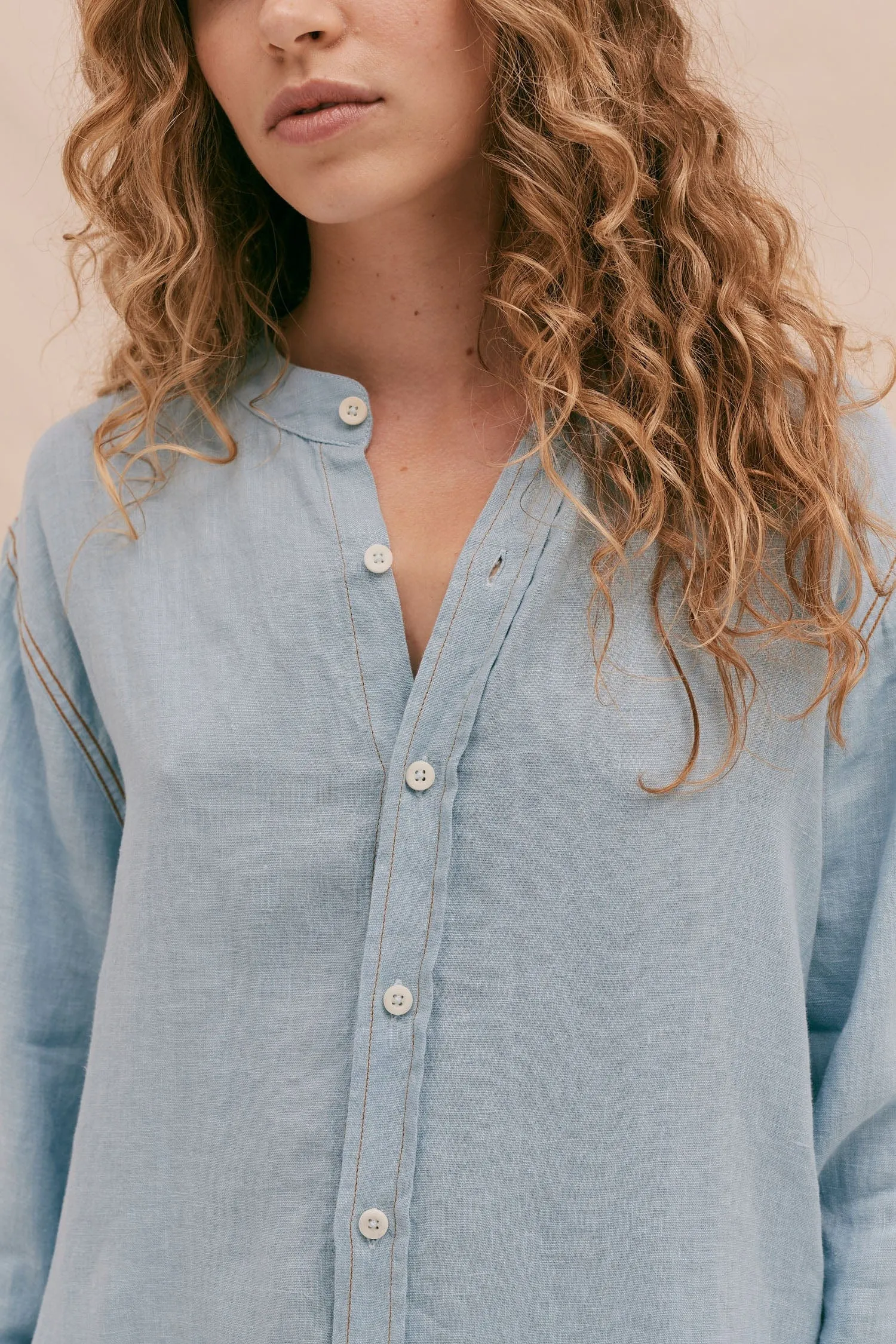 Grandad Collar Shirt Sky Blue Linen sold by Desmond & Dempsey product image thumbnail 3