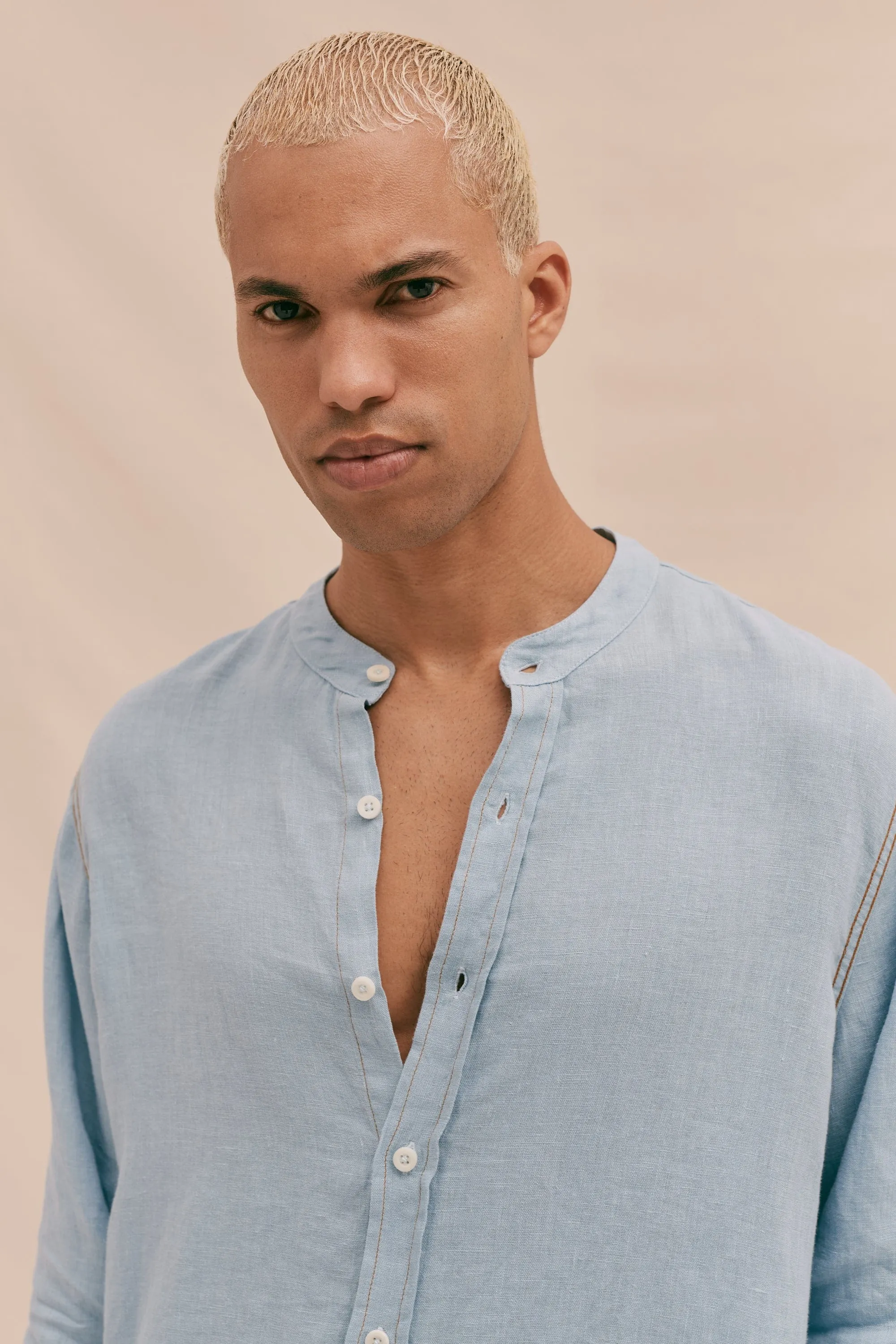 Grandad Collar Shirt Sky Blue Linen sold by Desmond & Dempsey product image thumbnail 5