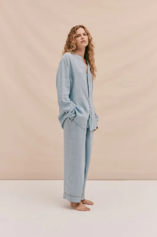 Grandad Collar Shirt Sky Blue Linen sold by Desmond & Dempsey