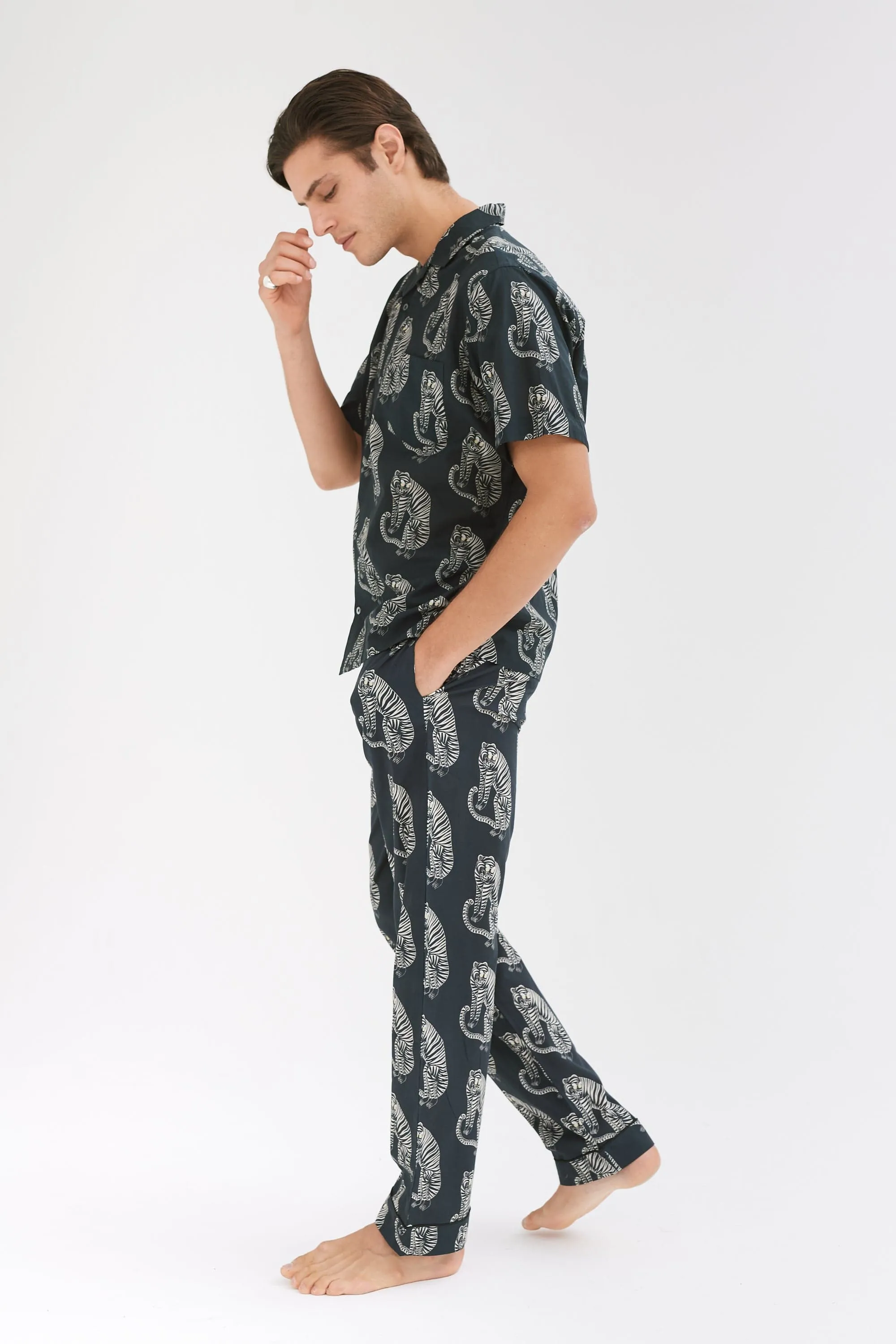 Men’s Cuban Long Pyjama Set Sansindo Tiger Print Black/Cream sold by Desmond & Dempsey product image thumbnail 3