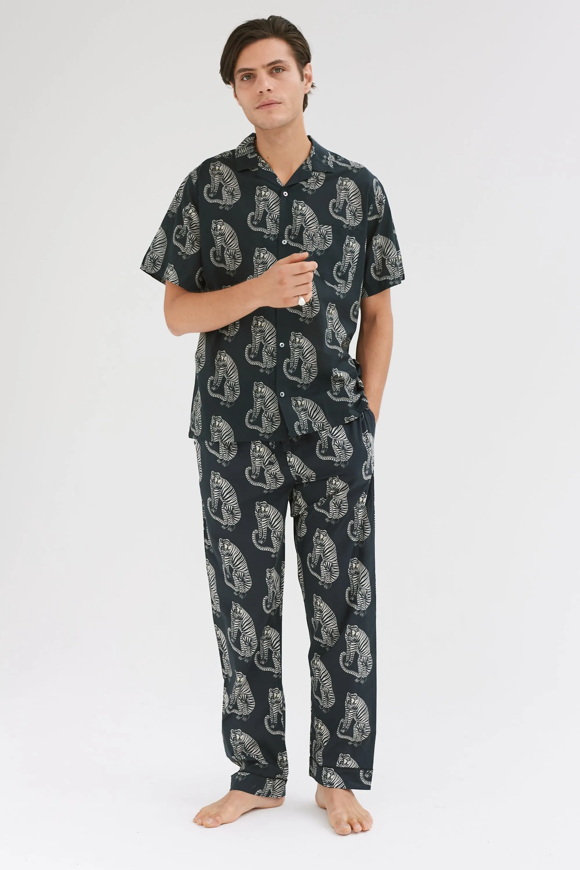 Men’s Cuban Long Pyjama Set Sansindo Tiger Print Black/Cream sold by Desmond & Dempsey product image thumbnail 4