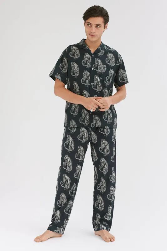 Men’s Cuban Long Pyjama Set Sansindo Tiger Print Black/Cream sold by Desmond & Dempsey