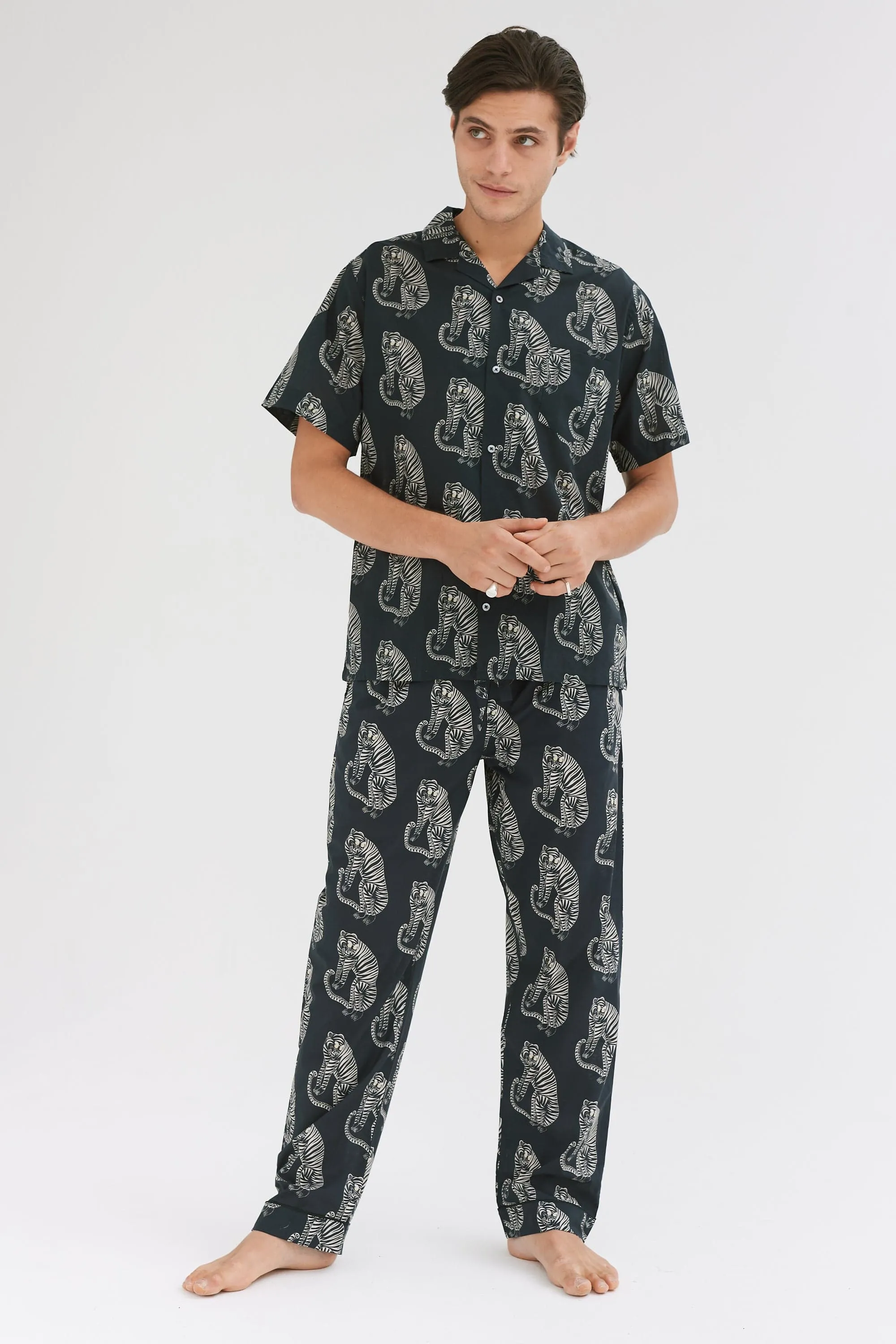 Men’s Cuban Long Pyjama Set Sansindo Tiger Print Black/Cream sold by Desmond & Dempsey