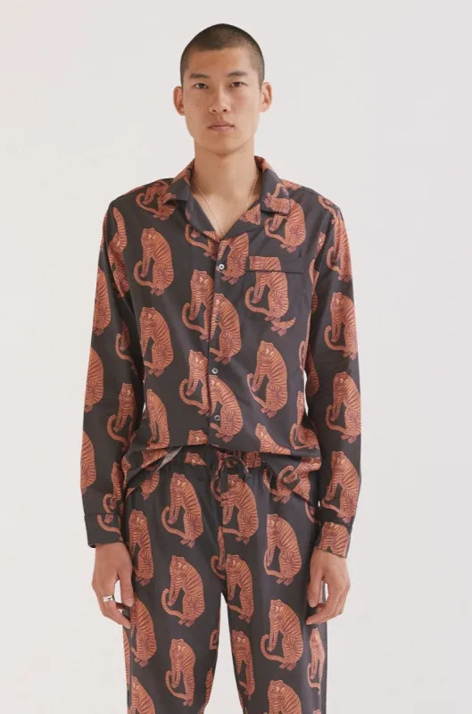 Men’s Pyjama Shirt Sansindo Tiger Print Black/Orange sold by Desmond & Dempsey