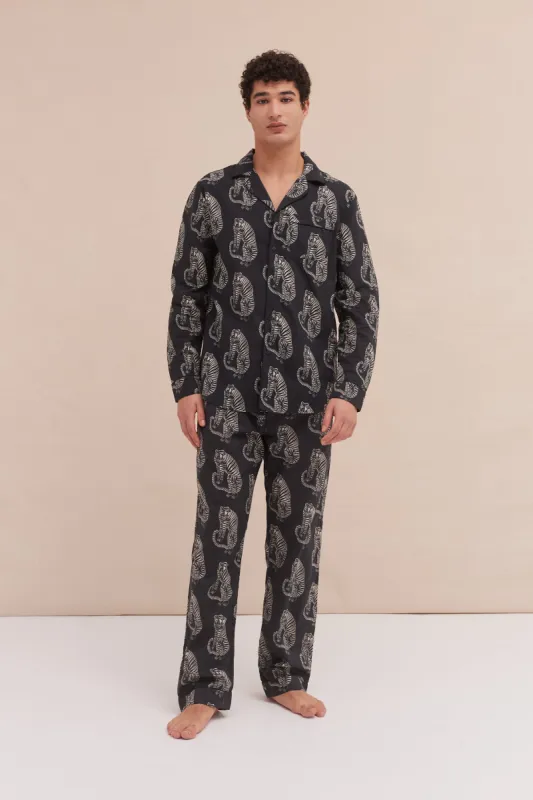 Men’s Long Pyjama Set Sansindo Tiger Print Black/Cream sold by Desmond & Dempsey