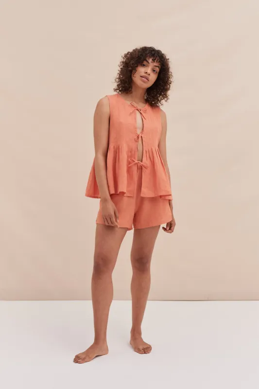 Pleated Cami Top and Shorts Set Coral Linen sold by Desmond & Dempsey