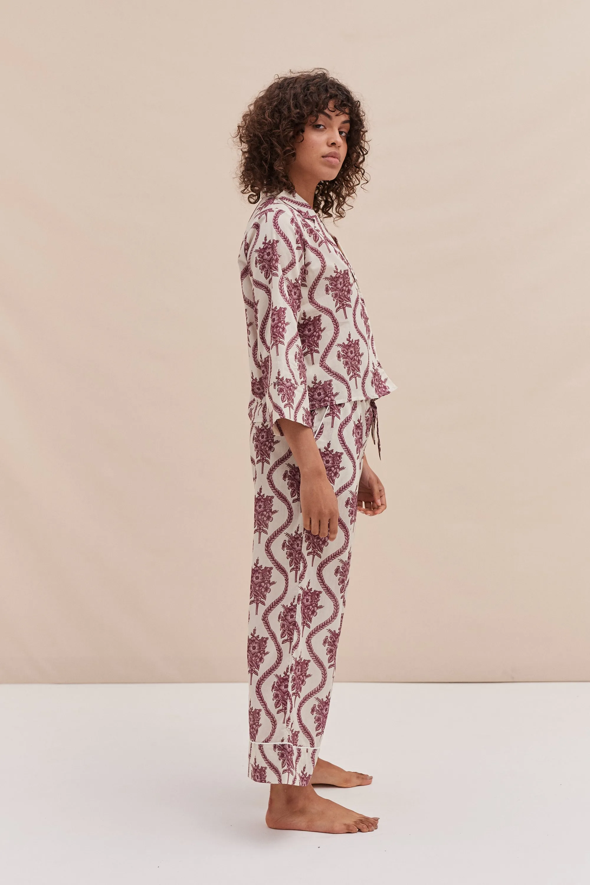 Boxy Shirt and Wide Leg Trouser Set Alpen Flora Print Cream and Pink sold by Desmond & Dempsey product image thumbnail 2