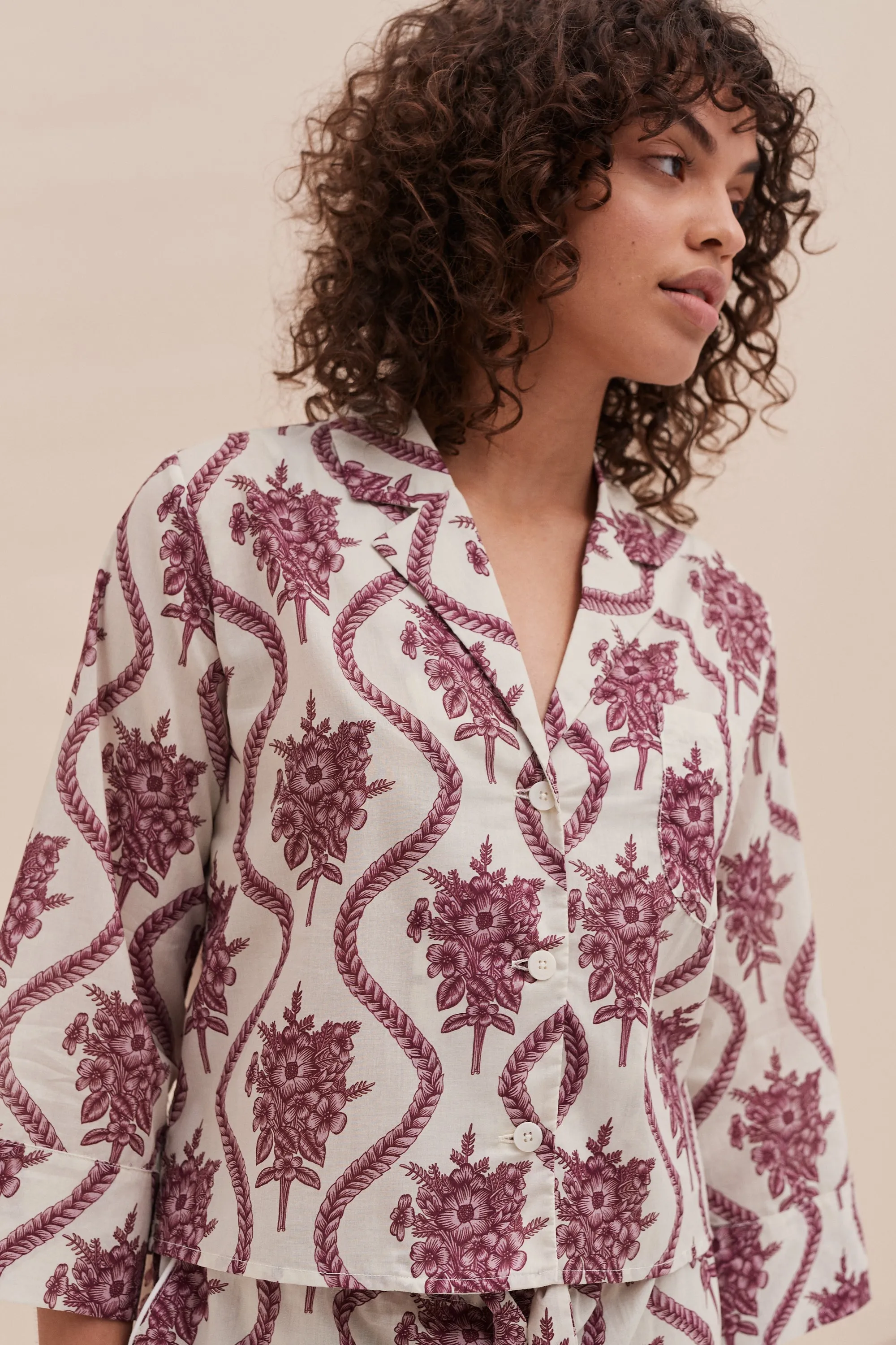 Boxy Shirt and Wide Leg Trouser Set Alpen Flora Print Cream and Pink sold by Desmond & Dempsey product image thumbnail 5