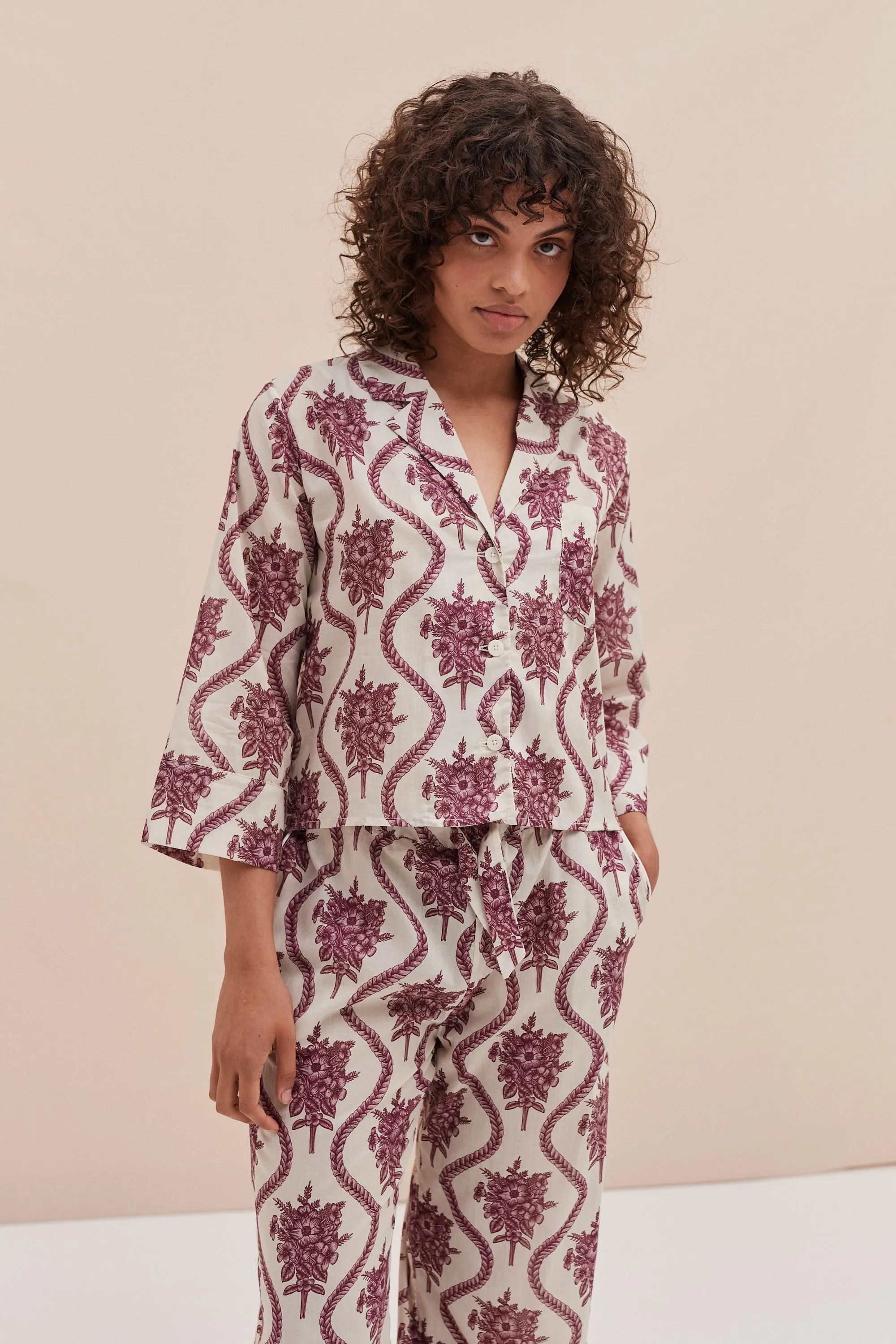 Boxy Shirt and Wide Leg Trouser Set Alpen Flora Print Cream and Pink sold by Desmond & Dempsey product image thumbnail 4