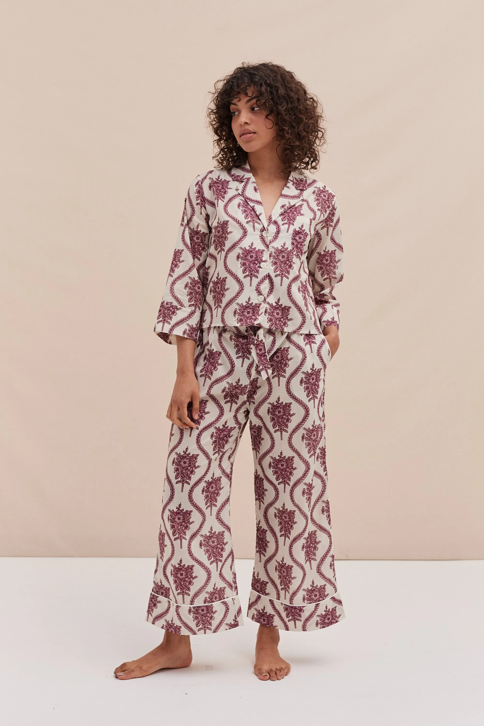 Boxy Shirt and Wide Leg Trouser Set Alpen Flora Print Cream and Pink sold by Desmond & Dempsey