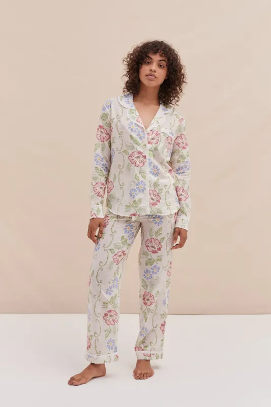 Long Pyjama Set Dorothea Print Cream with Trims sold by Desmond & Dempsey