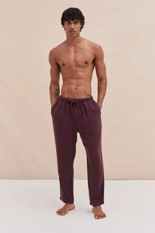 Mens Tapered Pyjama Trouser in Wine sold by Desmond & Dempsey