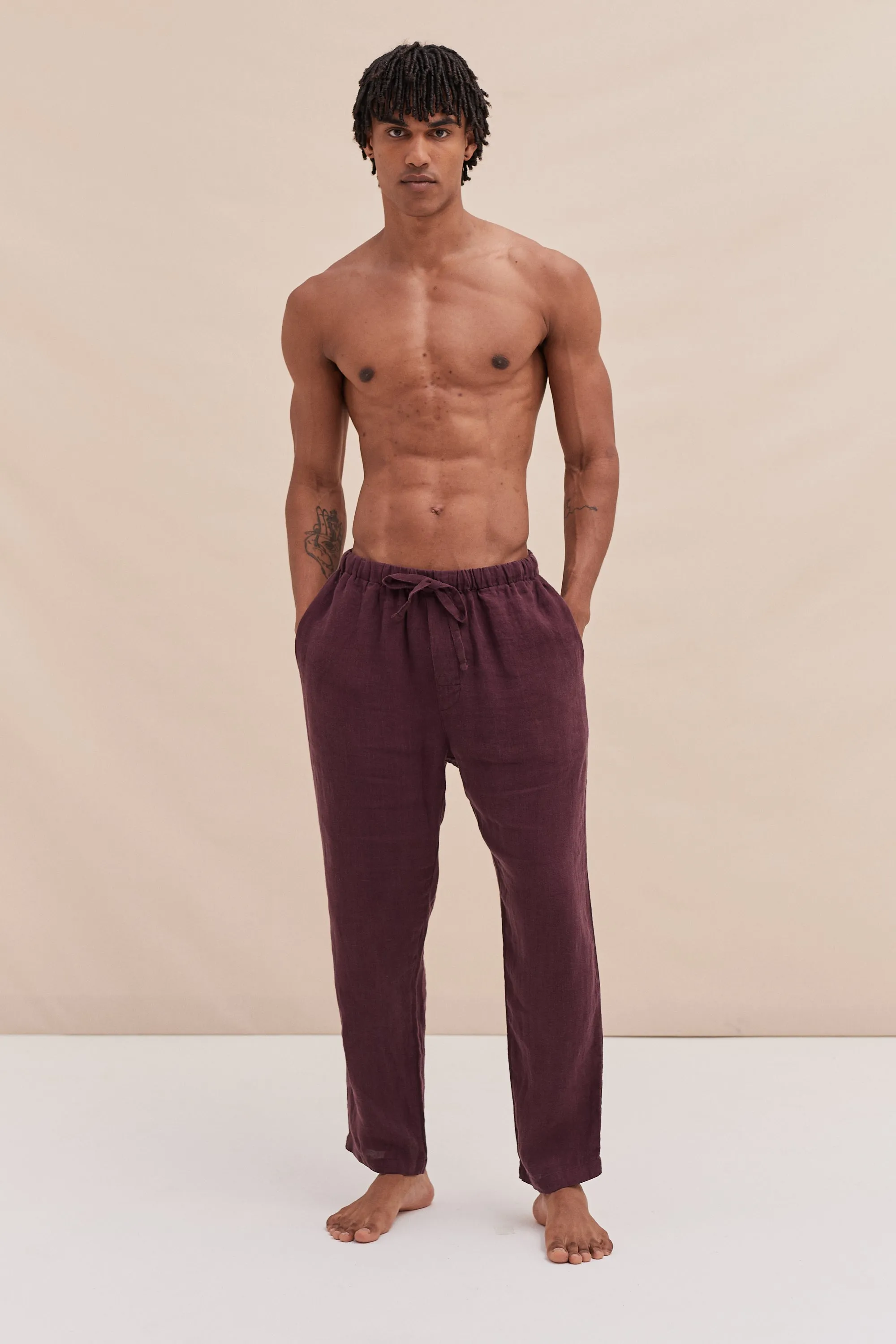 Mens Tapered Pyjama Trouser in Wine sold by Desmond & Dempsey