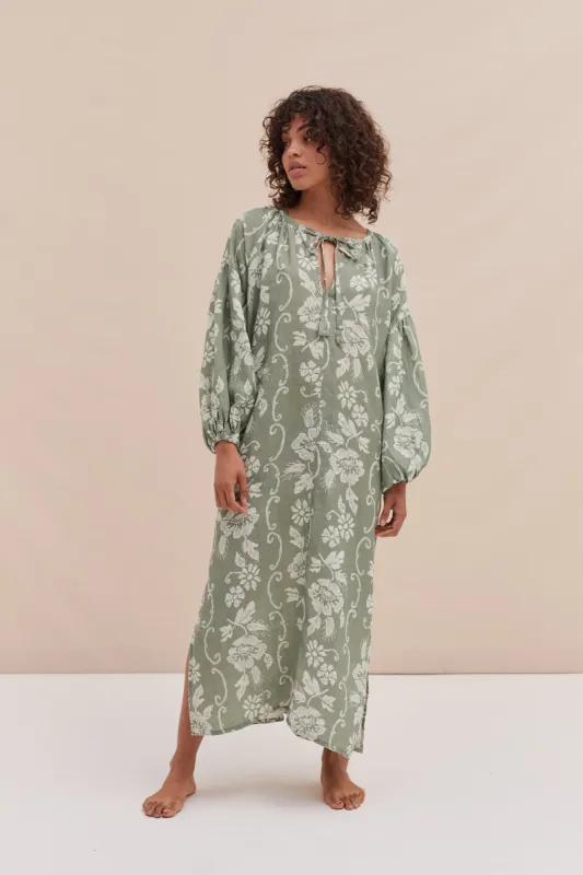Blouson Sleeve Kaftan Dorothea Print Sage sold by Desmond & Dempsey