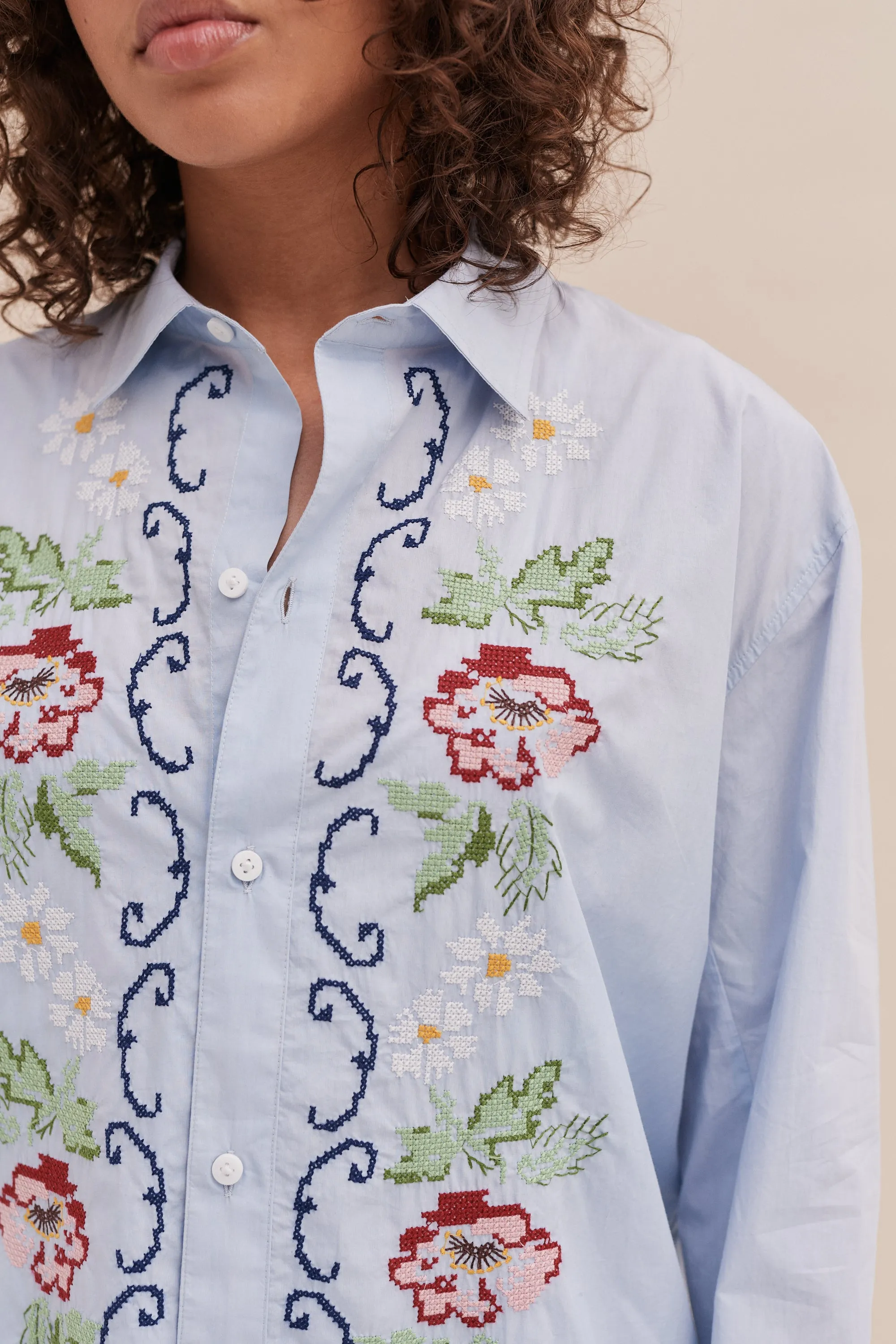 Unisex Lounge Shirt Dorothea Cross Stitch Print Light Blue sold by Desmond & Dempsey product image thumbnail 3