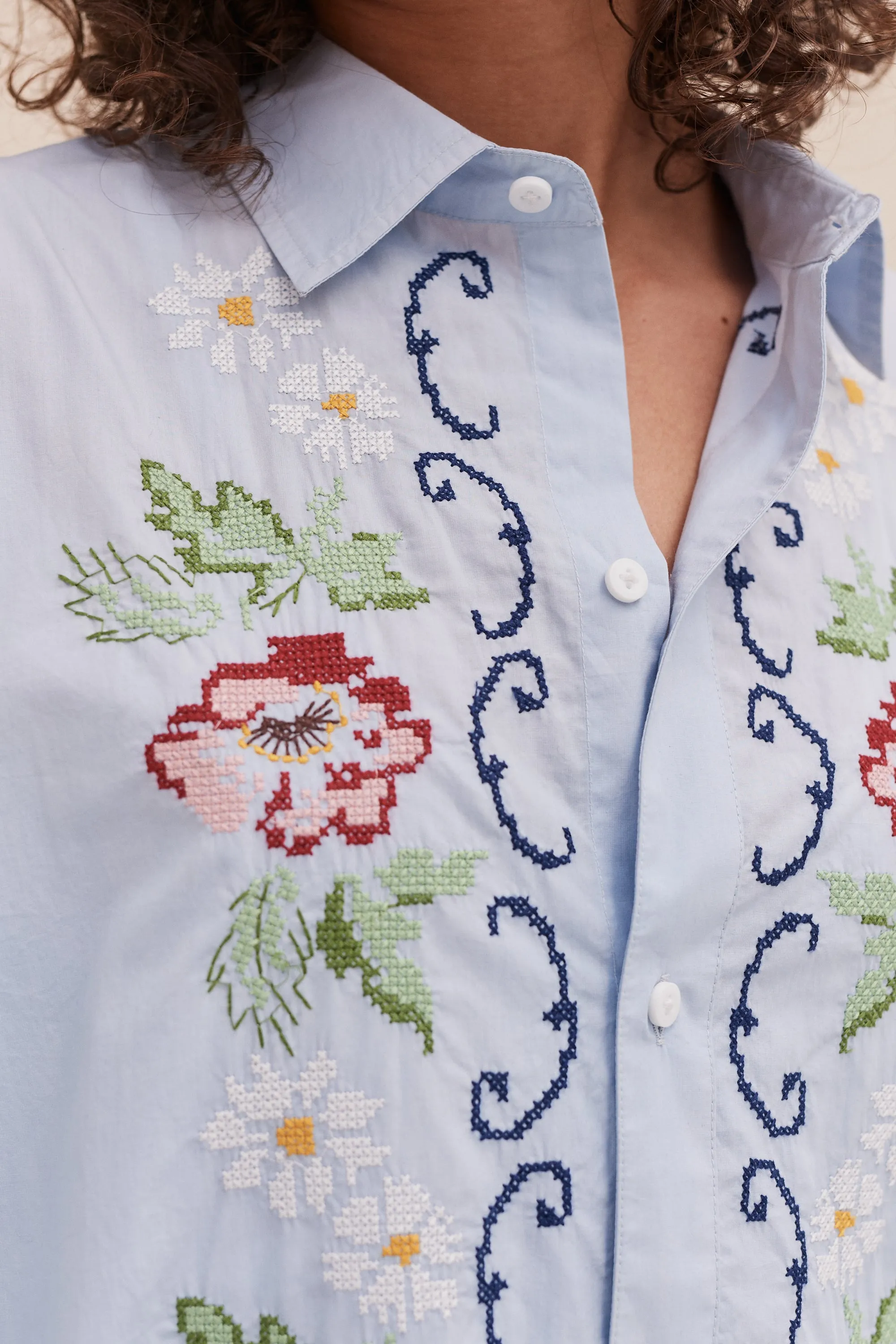 Unisex Lounge Shirt Dorothea Cross Stitch Print Light Blue sold by Desmond & Dempsey product image thumbnail 4