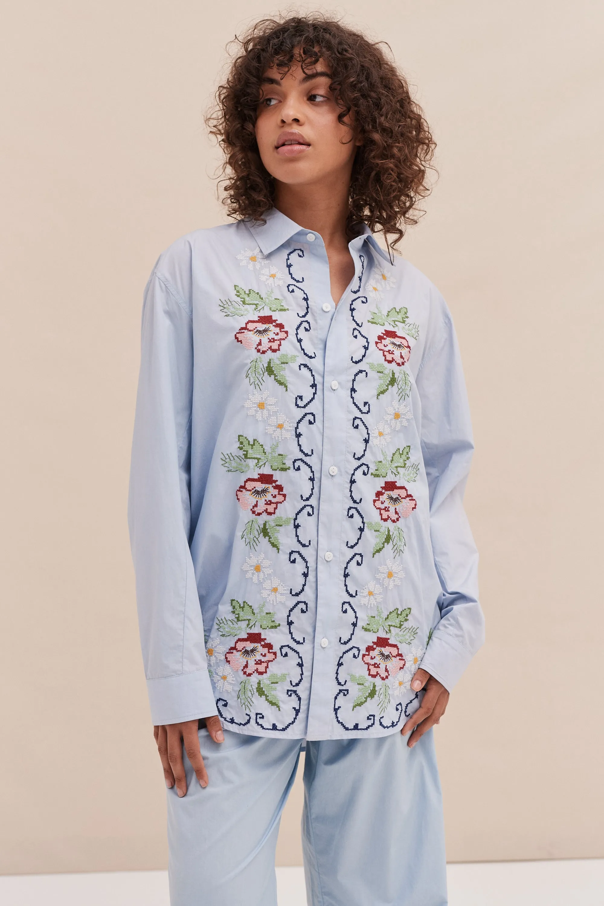 Unisex Lounge Shirt Dorothea Cross Stitch Print Light Blue sold by Desmond & Dempsey