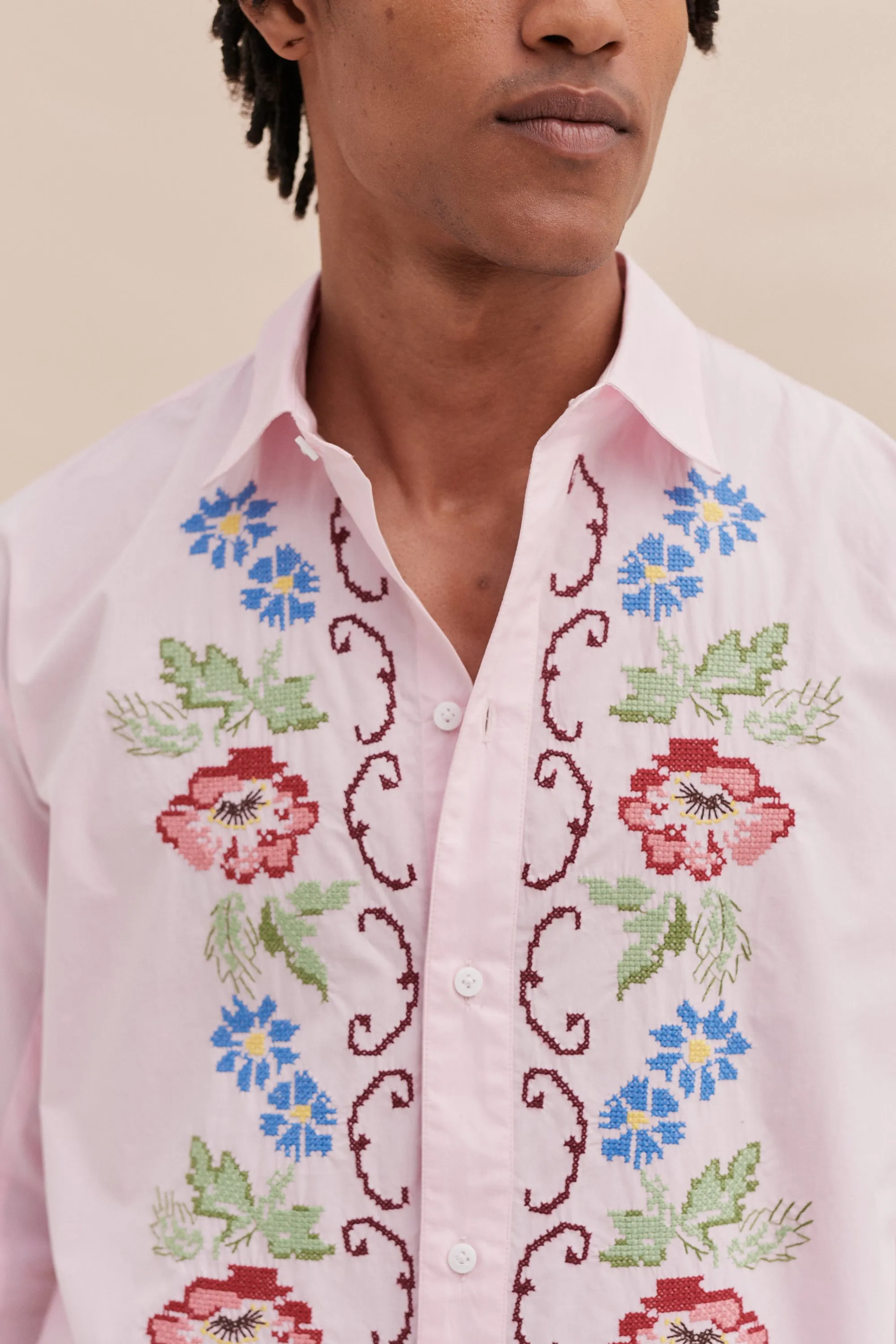 Unisex Lounge Shirt Dorothea Cross Stitch Print Pink sold by Desmond & Dempsey product image thumbnail 3