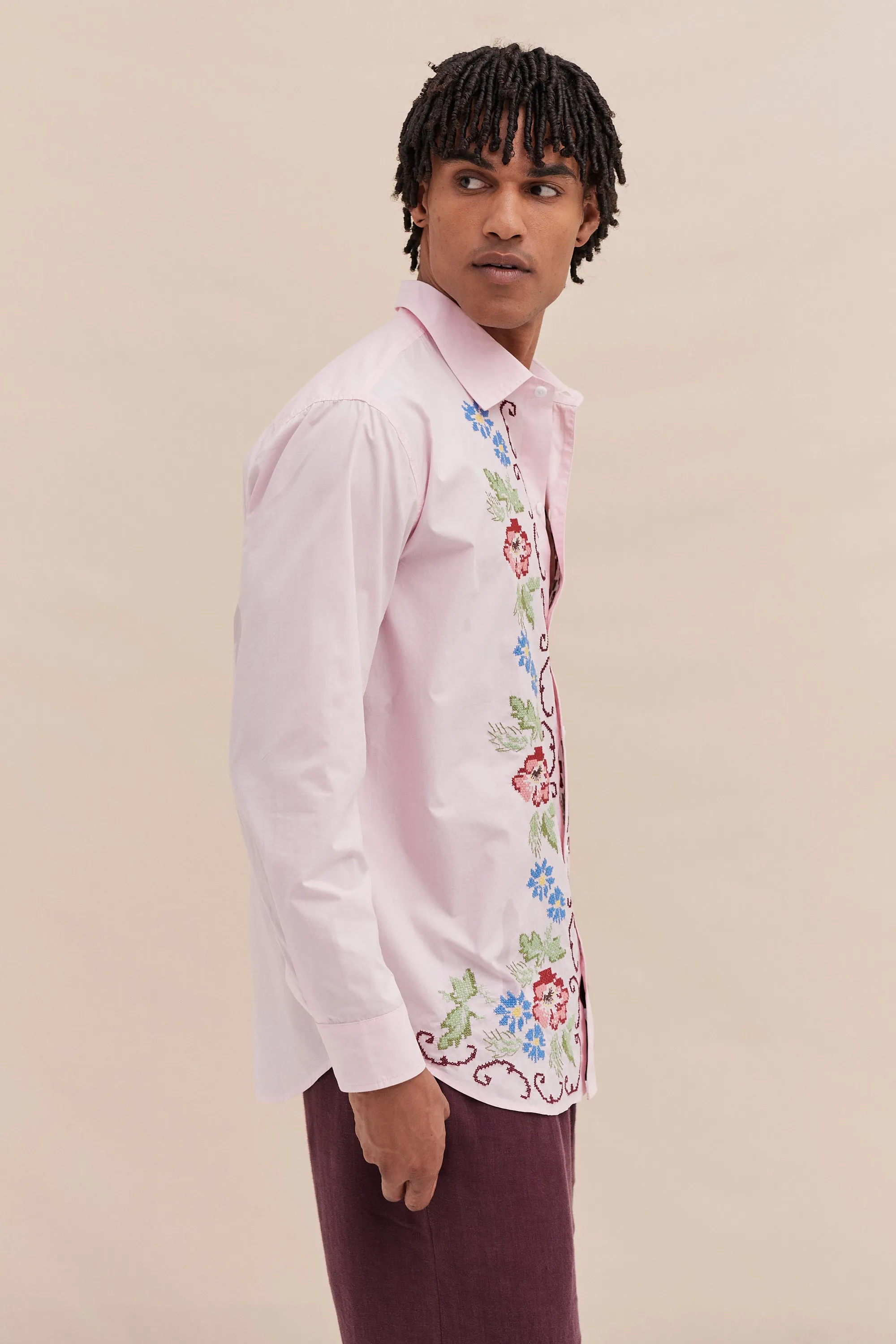 Unisex Lounge Shirt Dorothea Cross Stitch Print Pink sold by Desmond & Dempsey product image thumbnail 4