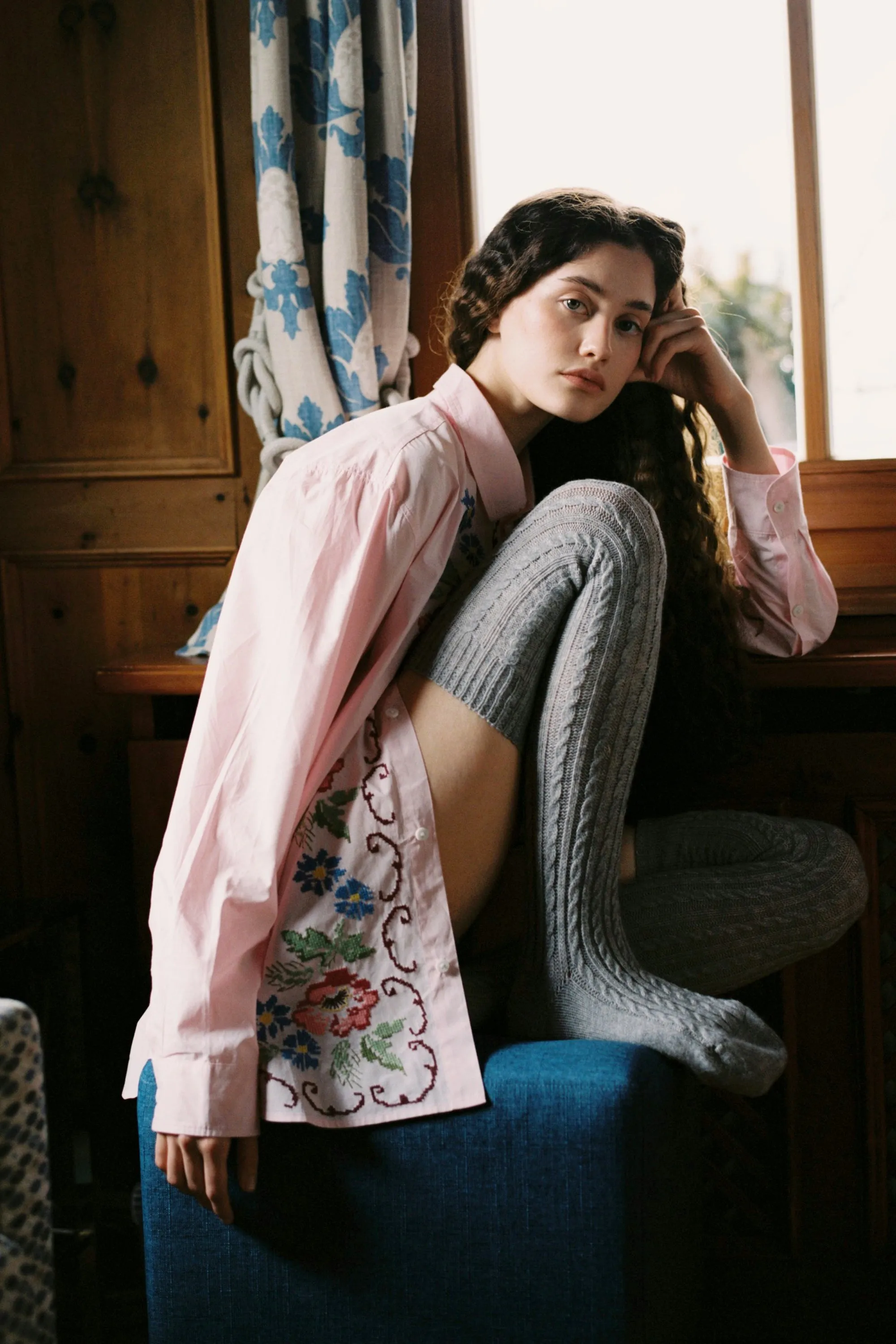 Unisex Lounge Shirt Dorothea Cross Stitch Print Pink sold by Desmond & Dempsey