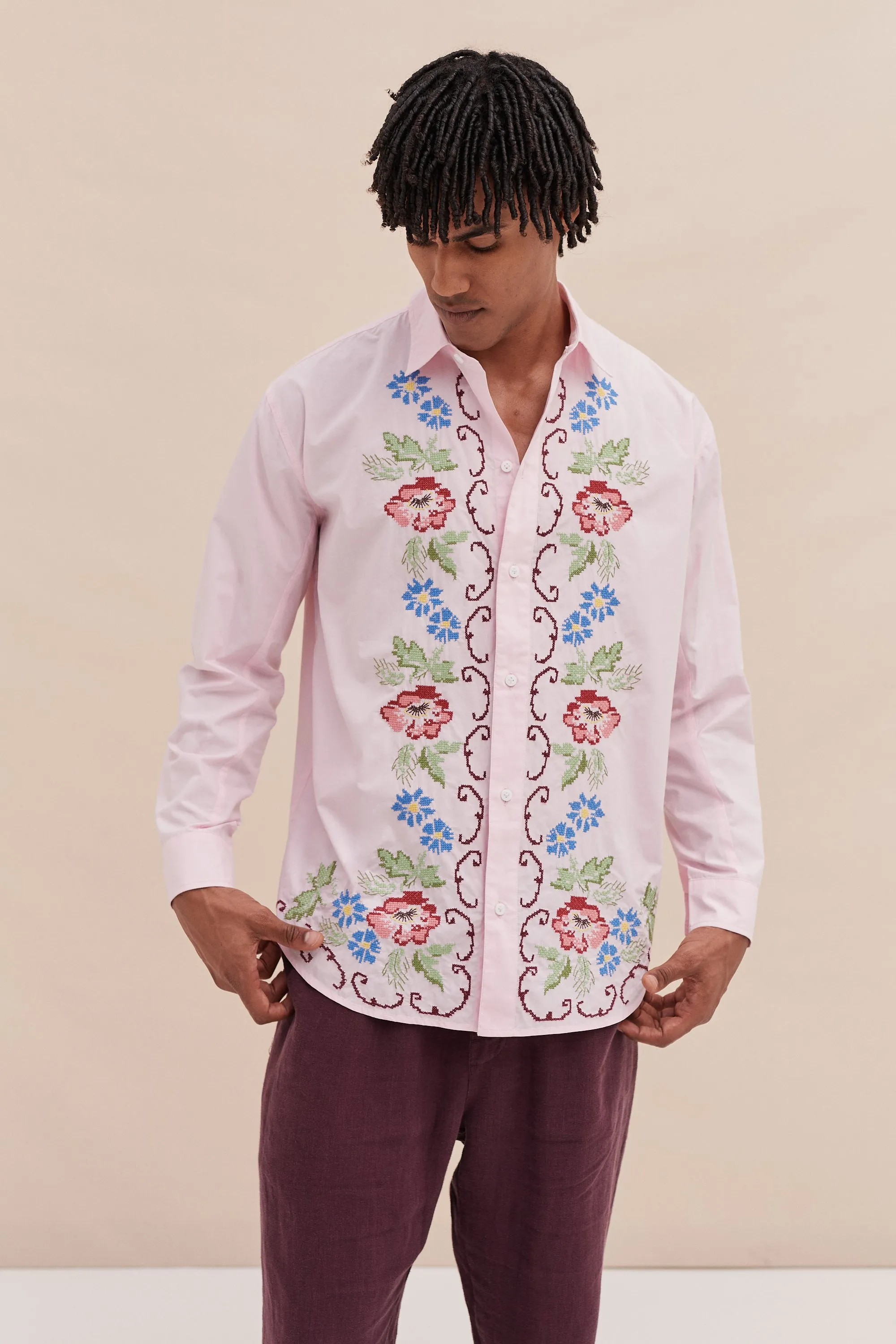 Unisex Lounge Shirt Dorothea Cross Stitch Print Pink sold by Desmond & Dempsey product image thumbnail 2